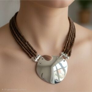 Clover, Brown Multi-Strand Beaded Necklace with Silver Disc Pendant, NWT